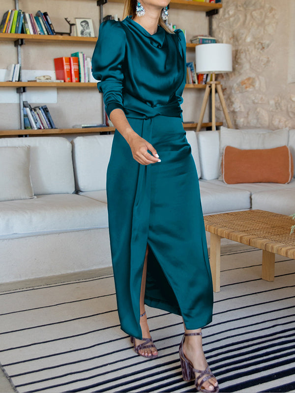 A-Line High Waisted Pleated Solid Color Split-Front Mock Neck Maxi Dresses