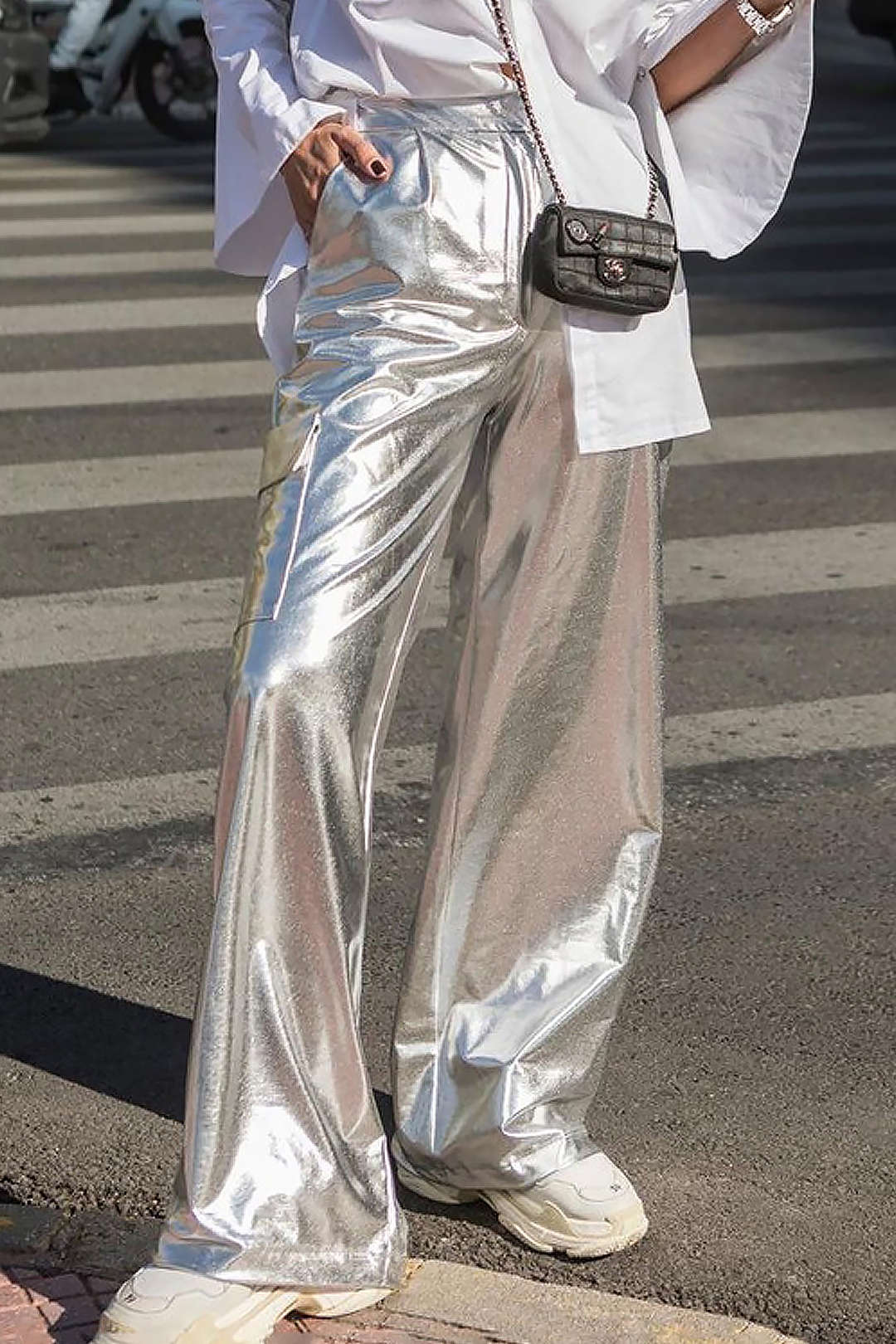 Metallic Flap Pocket Wide Leg Pants