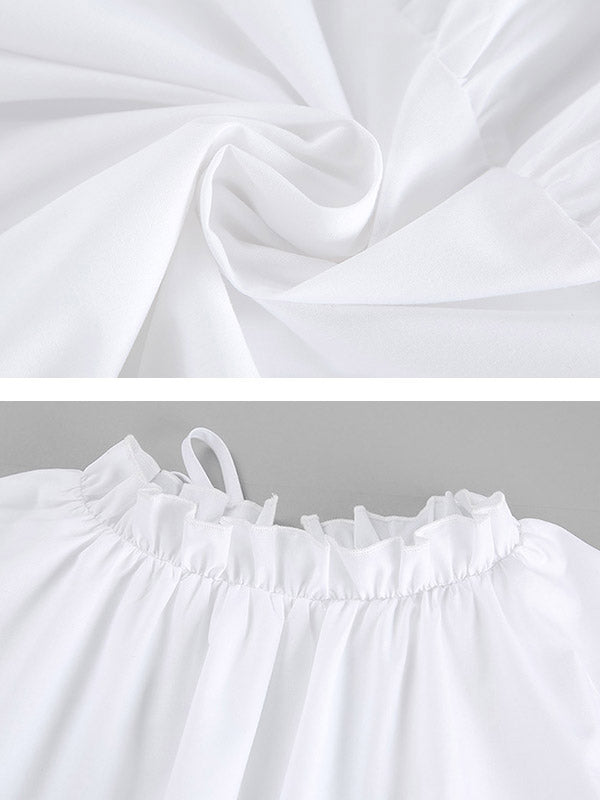 Pleated Ruffled Solid Color Split-Joint A-Line Loose Round-Neck Shirt Dress Mini Dresses