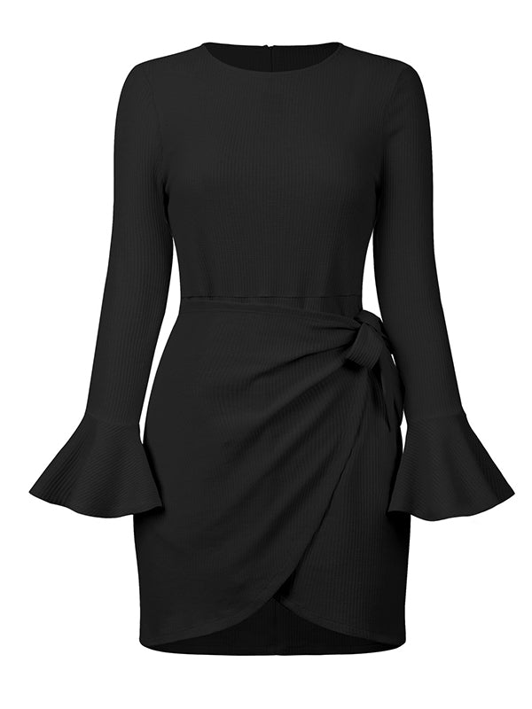 Simple Long Sleeves Skinny Tied Falbala Solid Color Round-Neck Mini Dresses