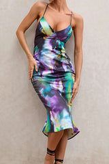 Tie Dye Knot Cross Strap Backless V-neck Midi Dress