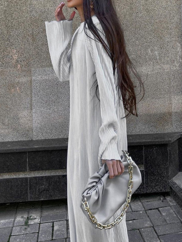 Long Sleeves Loose Pleated Solid Color Round-Neck Maxi Dresses