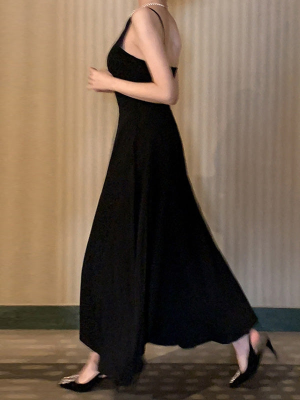 Solid Color A-Line High Waisted Spaghetti-Neck Maxi Dresses
