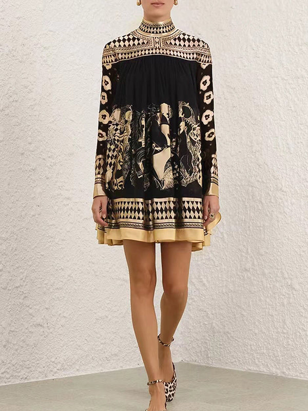 A-Line Long Sleeves Bronzing Printed Split-Joint Mock Neck Mini Dresses