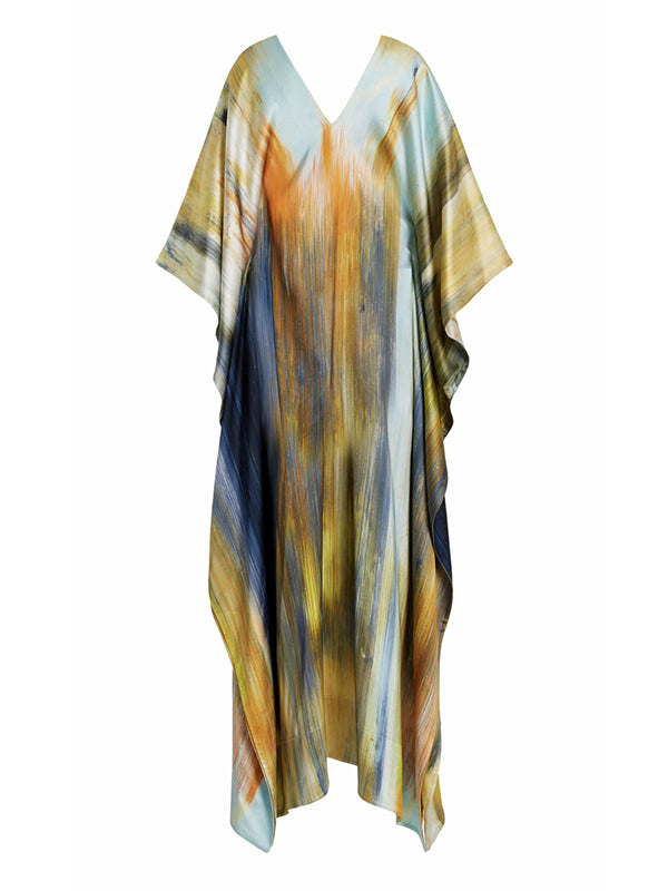 Printed Split-Joint Batwing Sleeves Loose V-Neck Maxi Dresses