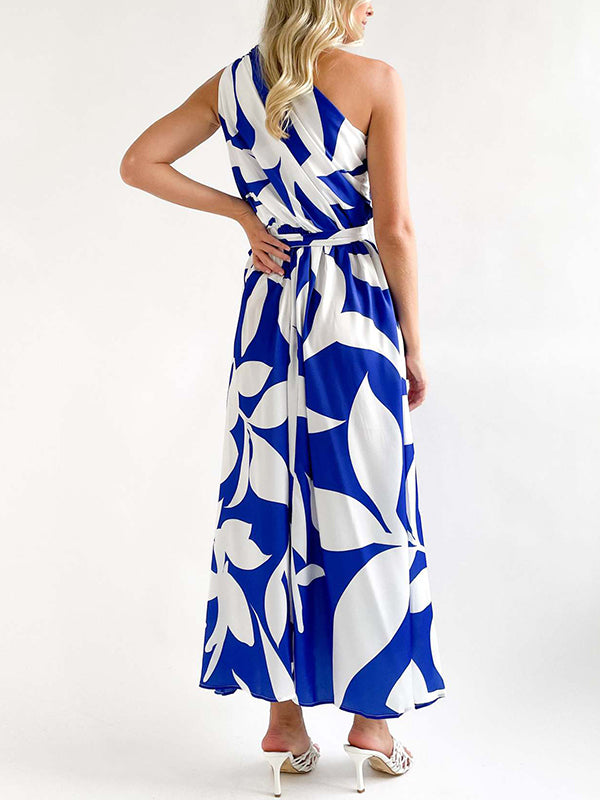 Bandage Contrast Color Hollow Printed Loose Sleeveless One-Shoulder Midi Dresses