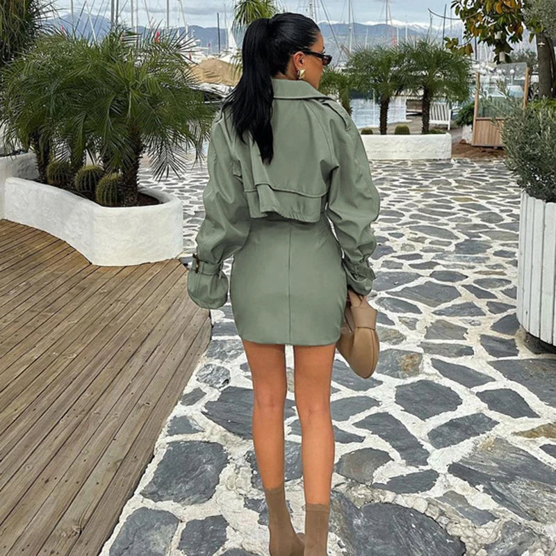 Kurzer Jackenrock Zweiteiliges Set für Damen Retro Button Slim Splice Minirock Weibliche Herbst Streetwear Passende Sets 