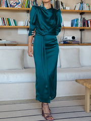 A-Line High Waisted Pleated Solid Color Split-Front Mock Neck Maxi Dresses