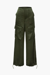 Drawstring Hem Satin Straight Leg Cargo Pants