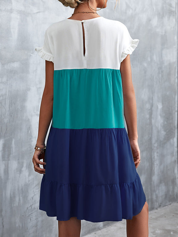 Contrast Color Falbala Pleated Split-Joint Loose Ruffle Sleeves Round-Neck Mini Dresses