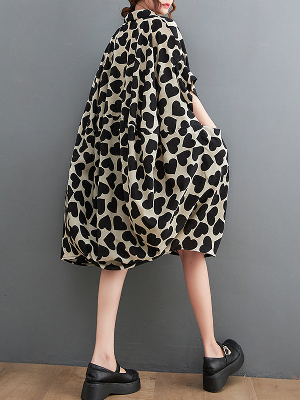 Heart Print Batwing Sleeves Irregular clipping Lapel Midi Dresses