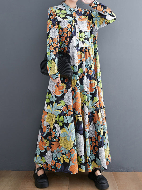 Long Sleeves Loose Floral Printed Round-Neck Midi Dresses