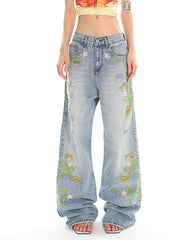 Floral Vine Fairycore Embroidery Jeans