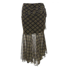 Plaid Asymmetrical Mesh Skirt