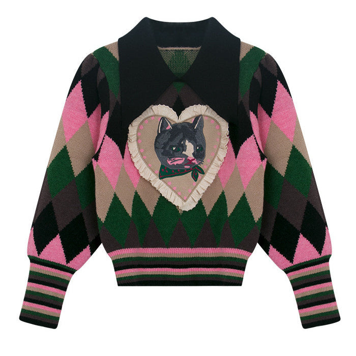 Preppy Cat Argyle Collar Jumper