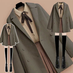 Wollmantel Dreiteilige Jacke Bluse Kurzer Rock Plus Size Damen Streetwear Herbst Winter Anzug Weibliche Altersreduzierung Doppelseitig 