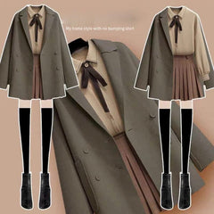 Wollmantel Dreiteilige Jacke Bluse Kurzer Rock Plus Size Damen Streetwear Herbst Winter Anzug Weibliche Altersreduzierung Doppelseitig 