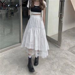 Schwarzer Gothic-Spitzenstich Unregelmäßiger Faltenrock Damen Weißer Vintage-langer Rock mit hoher Taille Koreanischer fester Hip-Hop-Streetwear