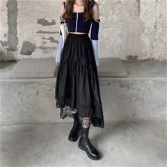 Schwarzer Gothic-Spitzenstich Unregelmäßiger Faltenrock Damen Weißer Vintage-langer Rock mit hoher Taille Koreanischer fester Hip-Hop-Streetwear