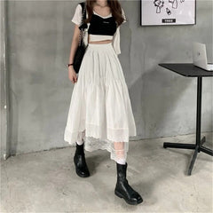 Schwarzer Gothic-Spitzenstich Unregelmäßiger Faltenrock Damen Weißer Vintage-langer Rock mit hoher Taille Koreanischer fester Hip-Hop-Streetwear