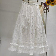 Bohemian Floral Embroidered Skirts Women Hollow Cotton Elastic Waist A-Line Midi Skirt Boho 2022 Autumn femme faldas