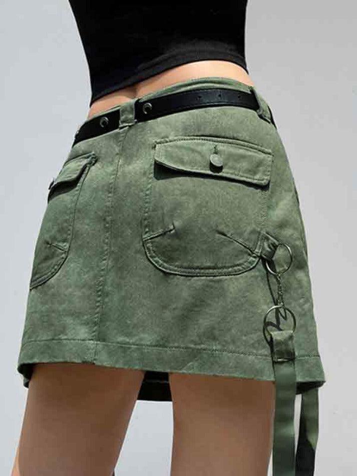 Ifomat Ribbon Asymmetric Pocket Design Cargo Mini Skirt