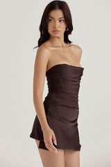 Silky Satin Pleated Trim Corset Strapless Party Mini Dress - Chocolate