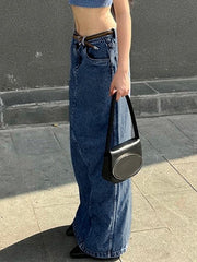 Ifomat Splice Back Slit Denim Midi Skirt