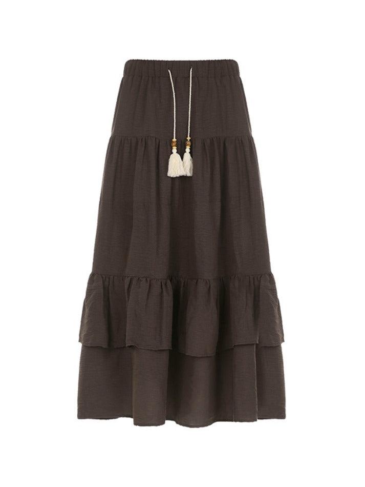 Ifomat Tribal Drawstring Stretchy Waist Layered Midi Skirt