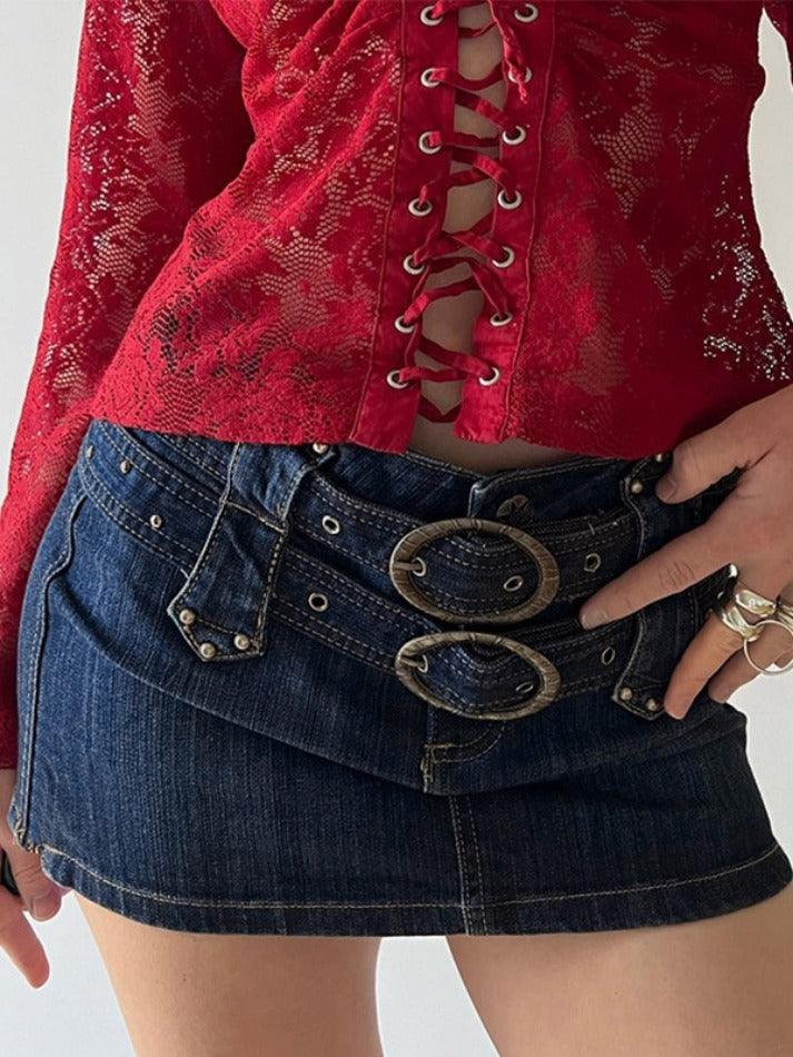 Ifomat Vintage Denim Buckle Wrap Hip Mini Skirt