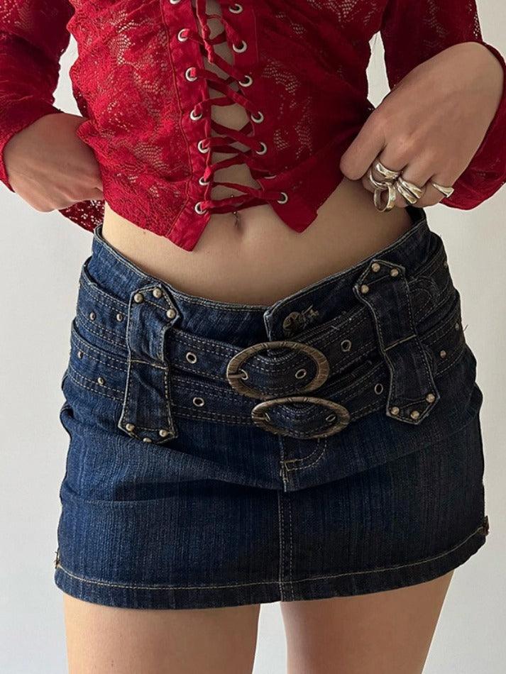 Ifomat Vintage Denim Buckle Wrap Hip Mini Skirt