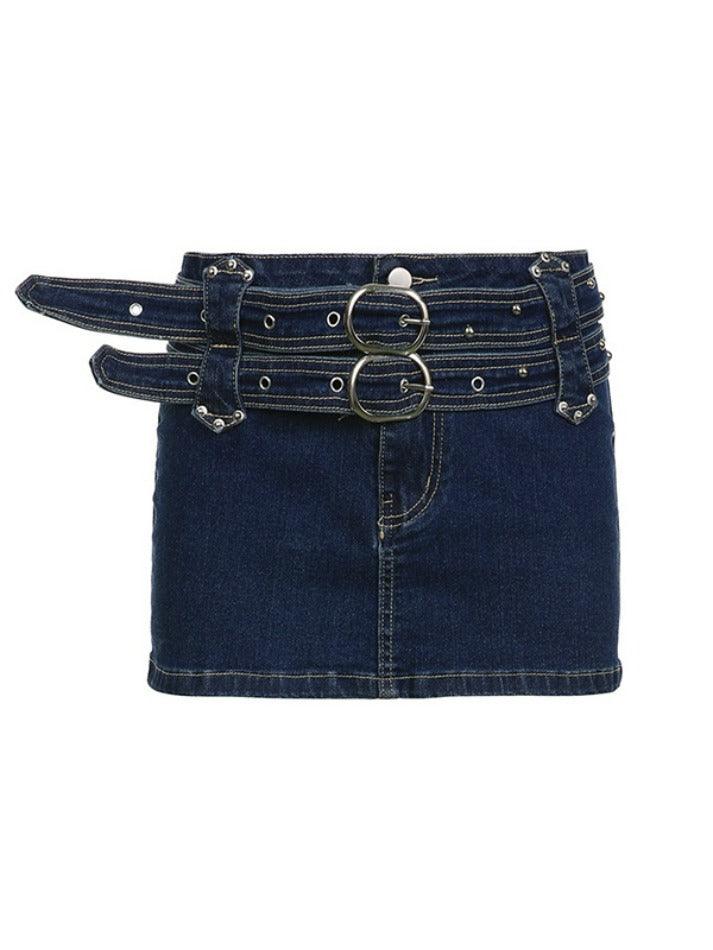 Ifomat Vintage Denim Buckle Wrap Hip Mini Skirt