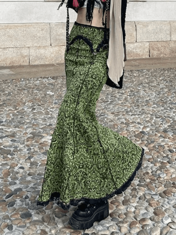 Ifomat Vintage Mermaid Patchwork Printed Maxi Skirt