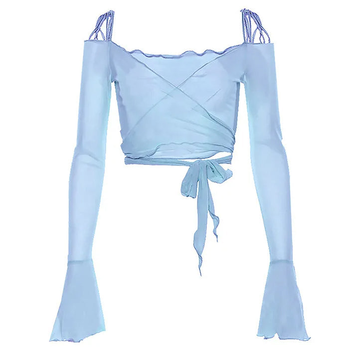 Y2K Aesthetic Flare Sleeves Mesh Top