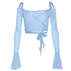 Y2K Aesthetic Flare Sleeves Mesh Top